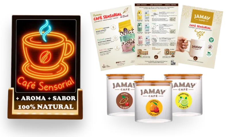 Suporte para vender mais: Placa Sensorial;
Material de apoio;
Reposição simples;
Degustadores de aroma;
Frete facilitado;
Ação de degustação